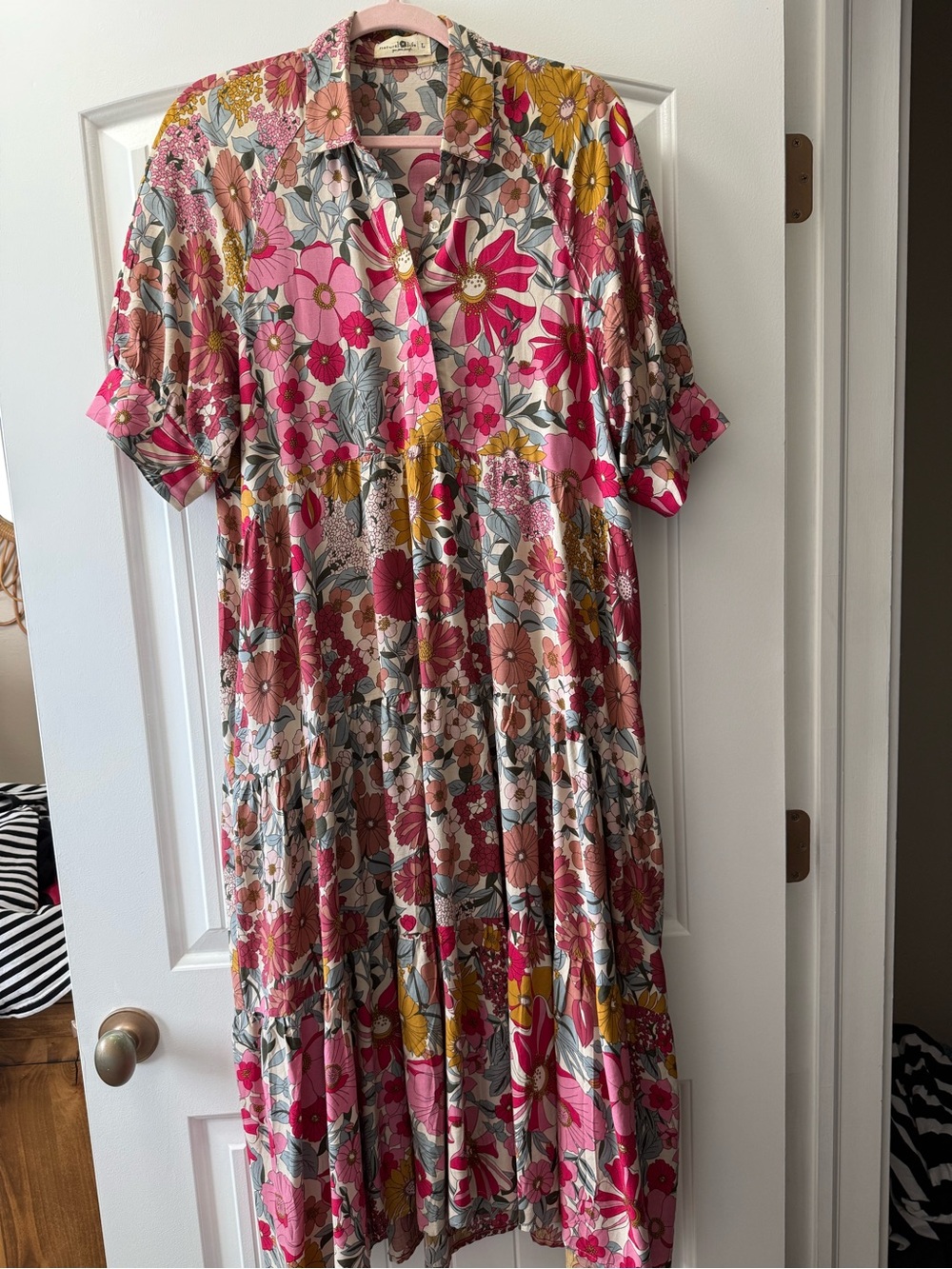 NATURAL LIFE Pink Floral Button-Front Maxi Dress with Mustard Accents